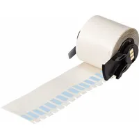 Blue matte vinyl wraparound label measuring 1 1/2 in x 1/4 in, designed for wire gauges from 10 AWG to 4 AWG. Compatible with M611 printer series and requires M7-R4300 ribbon. Used for wire identification in electrical and industrial applications