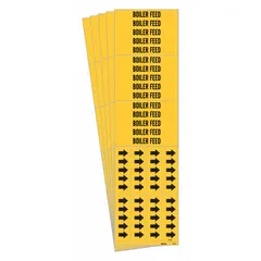 Yellow adhesive pipe markers with black legend text reading 'Boiler Feed' and flow-direction arrows. Designed for pipes with an outside diameter of 3/4 in and smaller. Each pack contains 5 markers (3 pipe markers). Used to identify boiler feed lines in industrial piping systems.