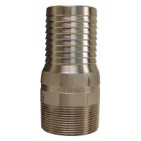 This 316 stainless steel rigid barbed hose fitting connects a hose to NPT threaded pipe. It has a hose barb on one end and male NPT threads on the other, both male. The fitting size is 1-1/32 in barb for 1 in hose ID with 1 in NPT. Used for air, water, and chemical transfer in industrial systems
