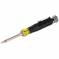 This precision multi-bit screwdriver includes 12 tips: Hex, Phillips, Slotted, Torx, and Square (#1, #2). With a 6 1/2 in overall length and cushion grip, it is suited for precision fastening tasks in electronics, telecommunications, and industrial assembly.