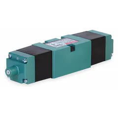 Four-way, three-position solenoid air control valve with double solenoid actuation and solenoid return. Features a 5 Cv flow coefficient, open center position, non-locking manual override, and plug-in electrical connection. Operates on 110-120V AC. Used to control pneumatic actuators in industrial automation and material handling systems.