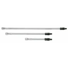 This hand socket extension set features a 3/8 in drive size for both input and output. It is designed to extend the reach of a ratchet or torque wrench to access fasteners in recessed or confined spaces. The set includes a locking mechanism to secure sockets during use.
