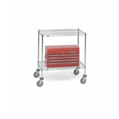 Mobile wire shelving unit for dry use with two round steel shelves, chrome posts, and four swivel casters with rubber wheels. Split sleeve assembly allows tool-free setup. Suitable for organizing supplies and equipment in commercial kitchens, warehouses, and retail storage.