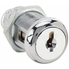 Keyed cam lock with keyed alike feature, constructed from zinc die-cast with chrome plating. Straight cam length of 1 1/2 in. Suitable for securing cabinets, panels, and enclosures where consistent keying across multiple locks is required.