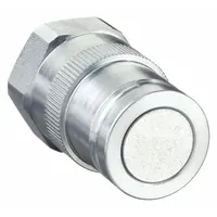 This plug is a component of the 71 Series hydraulic quick-connect couplings, featuring a steel body and fluorocarbon seal. It has a 1/4 in coupling size with a female NPTF connection, designed for quick, leak-free connection and disconnection in hydraulic fluid lines. Suitable for use in industrial machinery and mobile equipment where reliable sealing and easy coupling are required