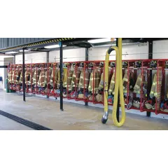 Steel wall-mount rack with red finish, designed for storing firefighter turnout gear. Single-sided with one compartment, 25 3/4 inches long. Suitable for fire stations and equipment rooms.