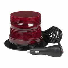 This GROTE flashing beacon is a red LED warning light with a round shape and magnetic mount. It operates on 12V DC and offers 28 selectable flash patterns. Typical applications include temporary warning lighting on vehicles and equipment in construction, utility, and emergency settings.