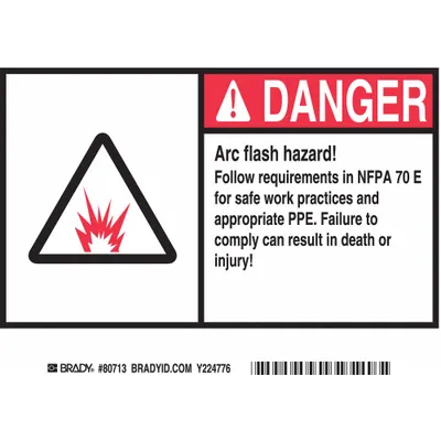 BRADY EL-3 Danger: Arc Flash Hazard Adhesive Sign, 5 in x 7 in, 5-Pack - Danger: Arc Flash Hazard! Follow Requirements In NFPA 70E For Safe Work Practices And Appropriate Ppe. Failure To Comply Can Result In Death Or Injury! Signs