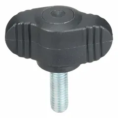 Wing knob with threaded stud for manual clamping, positioning, and adjustment on machinery and fixtures. Plastic body with steel threaded stud. M5 thread, 15 mm thread length, 28 mm diameter. Wing design enables quick hand tightening without tools.