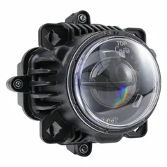 This GROTE headlight is a non-heated LED unit providing both high and low beams. It features a round 90mm design with a recessed mount style and an integrated 4-pin DT connector for electrical connection. Suitable for use in heavy-duty trucks, off-road vehicles, and industrial equipment requiring a durable LED light source.