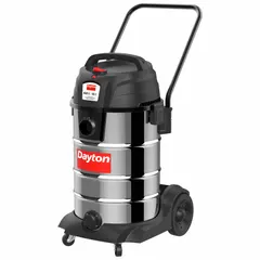 This DAYTON heavy-duty vacuum features a stainless steel tank for corrosion resistance in demanding environments. It includes a 12-foot hose with 1 7/8-inch diameter and a push handle for easy mobility. Suitable for wet/dry pickup of liquids, dust, and debris in industrial settings such as machine shops and warehouses.