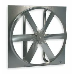 Unassembled belt-drive panel exhaust fan with a 42-inch blade, suitable for air flows from 10,191 cfm to 20,998 cfm depending on the motor. Features a stamped steel frame with zinc-plated finish. Designed for high-volume ventilation in industrial and commercial spaces such as warehouses and factories.