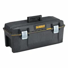 Structural foam tool box with a black hinged lid and padlock capability. Features 17 compartments for organized storage of tools and accessories. Suitable for job site transport and storage of hand tools, power tool accessories, and small parts.