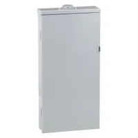 This main breaker load center distributes power in outdoor residential and light commercial installations. It provides 200 A, 120/240V AC, 1-phase service with 8 spaces and a 22kA short circuit current rating. The unit includes a surface cover and supports up to 8 tandem breakers for branch circuit protection