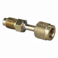 Adapter for connecting refrigerant machine hoses to equipment during charging, recovery, or evacuation. Used in HVAC and refrigeration service applications