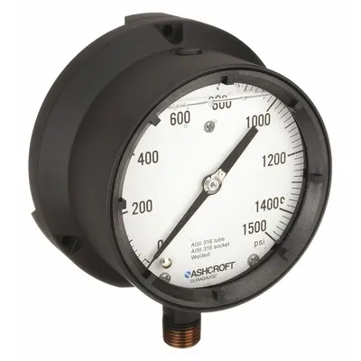 ASHCROFT Process Pressure Gauge: 0 psi to 1,500 psi, White, 4 1/2 in Dial, 1/2 in NPT Male - Vibration-Resistant All-Stainless Steel Wetted Parts & Casing