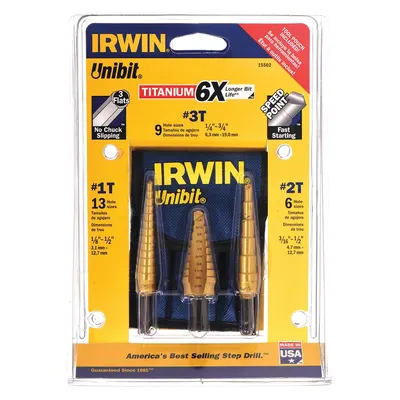 IRWIN Step Drill Bit Set: 3 Pc, 1/8" to 3/4", TiN-Coated HSS - High-Speed Steel Step Drill Bit Sets