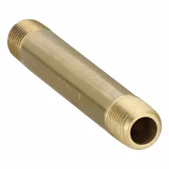 This brass pipe nipple has a nominal pipe size of 1/8 in and an overall length of 2 1/2 in. It features Male NPT x Male connections and is rated for a maximum operating pressure of 1,000 psi and a maximum steam pressure of 1,000 psi. Commonly used in instrumentation, pneumatic, and low-pressure steam systems for connecting valves, gauges, and fittings.