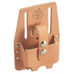 Tan leather holster with one pocket designed to carry a tape measure. Attaches to belts up to 2-1/2 inches wide via a belt slot and secures the tool with a snap closure. Suitable for electricians, construction workers, and maintenance technicians requiring hands-free access to a tape measure.