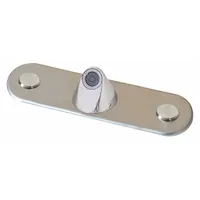 Centerset faucet constructed from brass with a chrome finish. Operates manually via button and is powered by a 9V DC battery. Connects to both hot and cold water supply lines. Suitable for commercial restrooms, healthcare facilities, and public washrooms