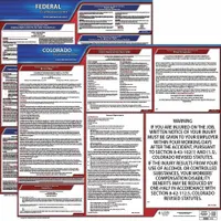 This poster set displays required Federal and Colorado state labor law notices in English on a 30 in x 24 in plastic sheet. It is designed for indoor wall mounting in workplaces to help meet posting compliance requirements