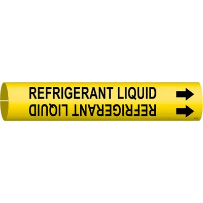 BRADY Pipe Marker: Refrigerant Liquid, Yellow, Black, Fits 2 1/2 to 3 7/8 in Pipe O.D. - Refrigerant Liquid Snap-On Pipe Markers