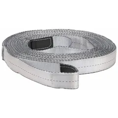 This recovery strap is made of silver polyester and measures 30 feet in length. It is used for towing or extracting stuck vehicles in off-road, construction, or roadside assistance applications.