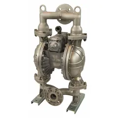 This air-operated double-diaphragm pump features a stainless steel housing with a 2-inch flange connection. It delivers a flow rate of 150 gpm and is equipped with PTFE seat and check valve materials. Typical applications include transferring corrosive or abrasive fluids in industrial settings such as chemical processing and wastewater treatment.