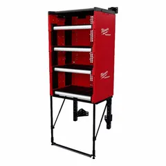 Steel workshop racking system with four shelves, finished in black. Measures 27 5/16 in W x 21 in D x 70 in H. Used for organizing tools and equipment in industrial or facility settings.