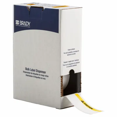 BRADY Pre-Cut Label Stock Roll: Caution, Yellow Header, 2 in x 4 1/8 in, 4 1/8 in x 2 in - Brady Caution Precut Label Rolls