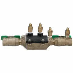 Double check backflow preventer with 3/4 in pipe size, FNPT x FNPT connections, and bronze body. Features ball valve shut-off type and 11 in overall length. Used in commercial and residential water systems to prevent backflow in low-hazard cross-connections such as irrigation and fire sprinkler lines.