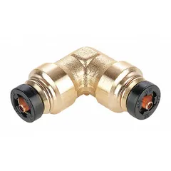 Brass push-to-connect elbow fitting with two 5/32 in OD tube connections. Used in pneumatic circuits and air brake systems for tool-free, leak-free joints.