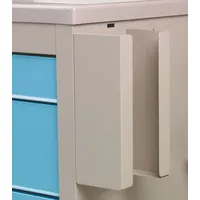Side-mount accessory for medical carts, designed to hold glove boxes. Taupe finish. Includes mounting hardware. Overall dimensions: 3 3/4 in width, 5 5/8 in depth