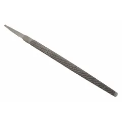 Single-cut round file with bastard cut and safe edge, 6 in length without tang, 7/32 in thickness, tapered slightly towards the point with natural finish. Used for enlarging holes, smoothing curved surfaces, and deburring internal radii in metalworking.