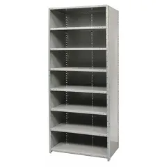 This heavy-duty standalone closed metal shelving unit from HALLOWELL features a steel frame and steel shelves. It measures 36 inches wide by 12 inches deep with an overall height of 84 inches and includes 8 shelves. The unit is finished in gray and supplied unassembled. Suitable for organized storage in warehouses, industrial facilities, and commercial environments.