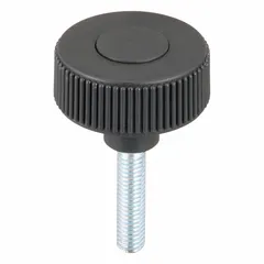 Knurled knob with threaded stud, 50 mm diameter, 3/8"-16 thread, 40 mm thread length. Gray plastic body with steel threaded insert. Used for manual adjustment and clamping in machinery, jigs, and fixtures.