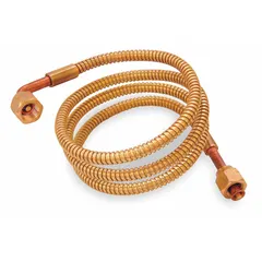 Copper capillary tube with 0.06 in inner diameter, 18 in length, and 1/4 in connection featuring a 90° elbow. Includes both control side and equipment side depressors. Used in refrigeration and HVAC systems to connect pressure controls while protecting the capillary tube from damage.