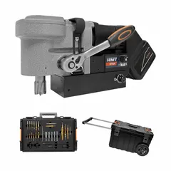 This cordless magnetic drill features a brushless motor with a fixed speed of 530 RPM and a permanent magnet base for secure attachment to ferrous surfaces. Powered by Makita batteries, it enables portable drilling on steel beams, plates, and tanks in construction, fabrication, and maintenance applications.