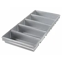 This open top bread pan from CHICAGO METALLIC is made of aluminized steel in a silver finish. It features 5 slots, an overall width of 13 inches, and an overall depth of 2 3/4 inches. Suitable for baking multiple loaves simultaneously in commercial or high-volume bakery settings