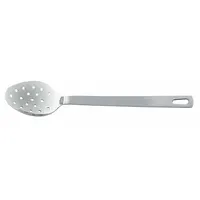 This 13-inch serving spoon is made of stainless steel with a silver finish. It is suitable for basting and serving tasks in commercial or home kitchens, with a long handle that keeps hands away from hot liquids. Not NSF certified
