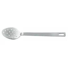 This 13-inch serving spoon is made of stainless steel with a silver finish. It is suitable for basting and serving tasks in commercial or home kitchens, with a long handle that keeps hands away from hot liquids. Not NSF certified.