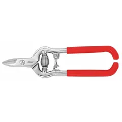 Spring-assisted shears with straight, pointed steel blades and red handles. Overall length of 6-1/2 inches. Suitable for cutting wire and other light materials in general maintenance and repair tasks.