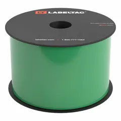 Continuous label roll for use with LabelTac Pro 2 printers. Constructed of vinyl with a green gloss finish, rated for indoor and outdoor applications. Measures 3 inches by 150 feet. Suitable for industrial identification tasks such as pipe marking, safety signs, and equipment labeling.