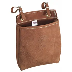 Brown leather tool pouch with one pocket and open-top closure. Attaches via belt slot, accommodating belts up to 3 inches wide. Suitable for carrying hand tools such as pliers and screwdrivers during electrical, maintenance, or construction tasks.