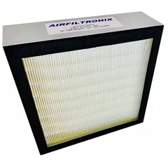 HEPA filter for fume hoods, capturing airborne particulates in laboratory and industrial exhaust systems. Overall dimensions: 10 1/2 in height and width. Part number 200F HP1.