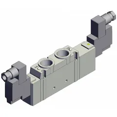 Double solenoid, five-way/three-position directional control valve with 5 ports and 24V DC operation. Features spring return to center, exhaust function, DIN solenoid connector, internal pilot, and non-locking manual override. Used to direct compressed air in automated machinery and industrial pneumatic systems.