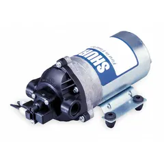 This on-demand electric diaphragm pump from SHURFLO features a nylon housing and Santoprene components. It operates on 120V AC and includes a demand pressure switch for automatic control. Designed for sprayer applications, it is suitable for fluid transfer in agricultural or industrial spray systems.