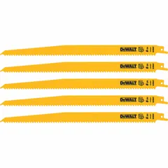 Reciprocating saw blade for wood cutting and pruning. 12-inch length, 0.05-inch thickness, 6 teeth per inch. Tapered rigid design for straight cuts in lumber and branches. Pack of 5.