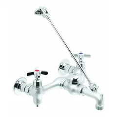This wall-mounted centerset utility faucet from the Commander series is constructed of brass with a chrome finish. It delivers a flow rate of 14 gpm and includes mounting screws. Suitable for heavy-duty service sink applications in commercial and industrial settings.
