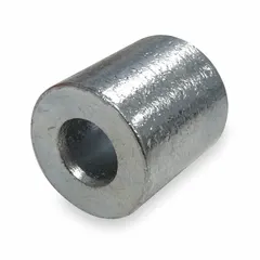 Swage-type stop sleeves for terminating or securing the end of a wire rope. Compatible with 1/8 in rope diameter. Made of copper with a zinc-plated finish. Sold in a pack of 50. Used in rigging, lifting, and industrial cable assemblies.